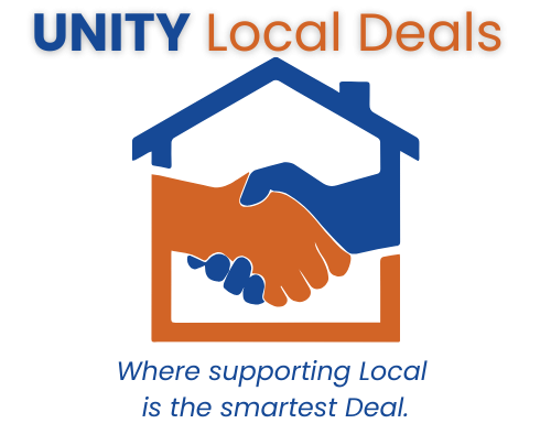 Logo for Unity Local Deals showing a blue and orange handshake inside a house icon with tagline “Where supporting Local is the smartest Deal.”